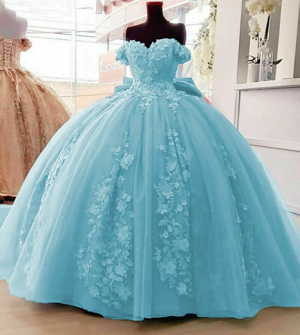VALENTINO Abito da ballo blu cielo Quinceanera 3D floreale con grande fiocco spalle scoperte Sweet16