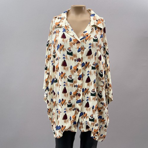 We Be Bop Vtg Top Women 2X Camp Shirt Button Up Seven Seas Artsy Print NEW