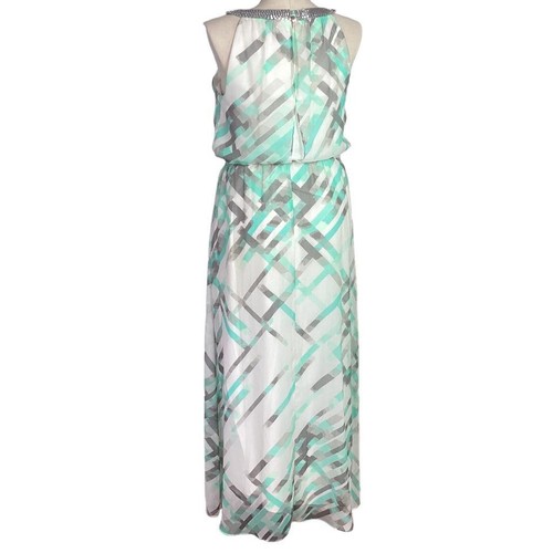 Vince Camuto Maxi Dress Women 14 White Blue Gray Geometric Keyhole Halter Beaded - Picture 5 of 11