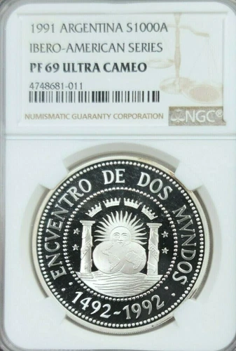 1991 ARGENTINA SILVER 1000 AUSTRALES IBERO PILLARS NGC PF 69 ULTRA CAMEO SCARCE