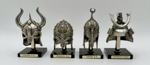 Lot Of 4 Miniature Pewter 4” Helmets Vikingo Nordico Arabe Japones S.X ON Stands