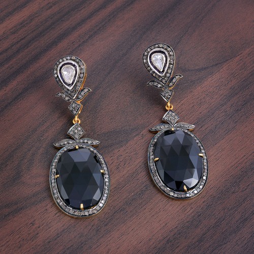 Pendientes de plata 925 piedras preciosas de ónix negro corte rosa diamante 1... - Imagen 4 de 7