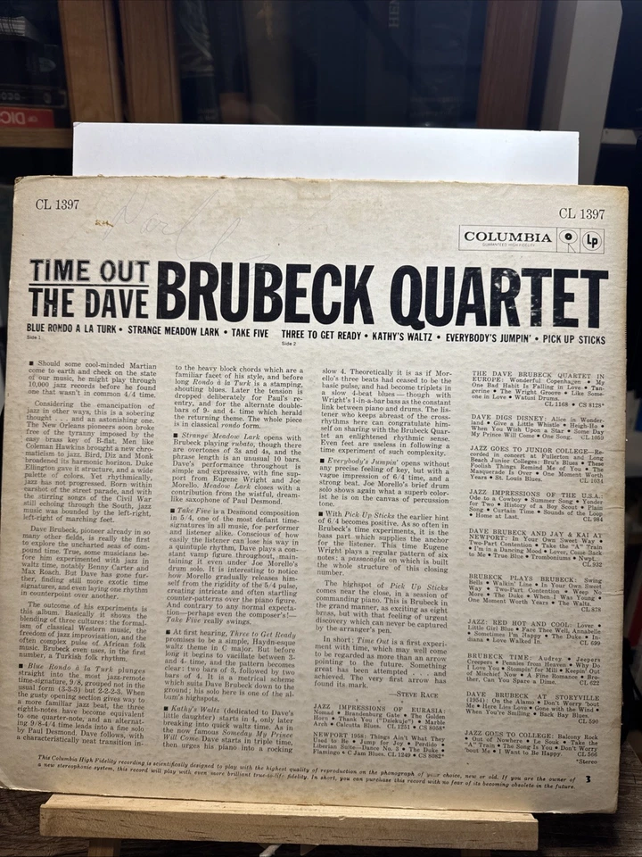 Dave Brubeck Quartet Time Out 1959 Columbia CL 1397 MONO Vinyl Vintage Record  - Image 2 of 4