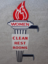 VINTAGE STANDARD GASOLINE TORCH WOMAN RESTROOM 13" METAL GAS & OIL BATHROOM SIGN