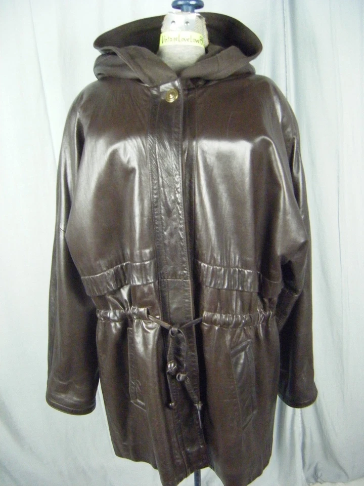 XOE/BERGDORF GOODMAN De Colección Años 90 Marrón Piel de Cordero Lana Forrada Chaqueta con Capucha-Busto 46/M Foto 3 de 4