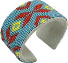 Handmade Beaded Cyan Blue Red Leather Hard Cuff Bracelet