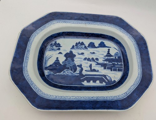 Antique Chinese Export Blue White Porcelain Octagonal Platter 14" 18th/19th C