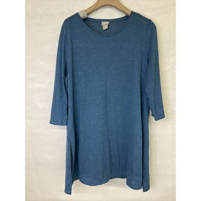 Chico's Petite 3/4-Sleeve Side-Slit Tunique LP 2P Grande Taille 2 Bleu T Blouse - Photo 1/3