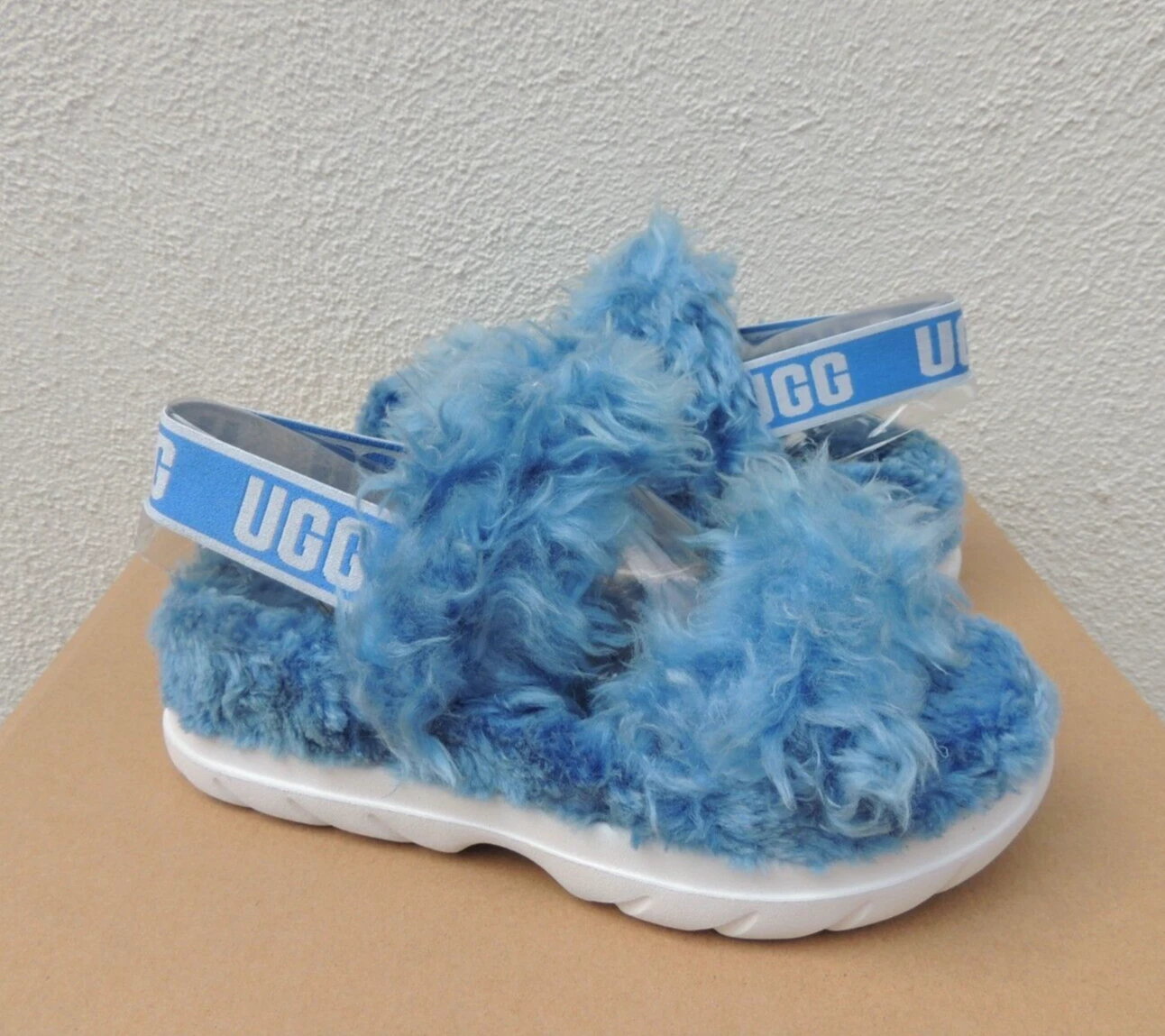 SANDALI SLIDE PANTOFOLE UGG BLU LANUGINE ZUCCHERO PELLICCIA SINTETICA DONNA US 12 EUR 43 ~NUOVI CON SCATOLA