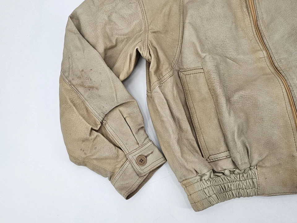 RARE VTG Marigot Leather Aviator Jacket Fur Size Small Beige MADE IN YUGOSLAVIA - Image 2 of 4