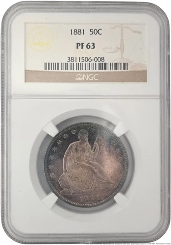 NGC Graded PF 63 1881 Seated Liberty Silver Half Dollar Proof Slabbed Coin