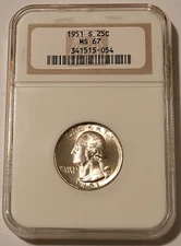 1951 S Washington Quarter Unc MS67 NGC*