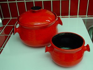 3 piece hand-made set of red ceramic bean pots