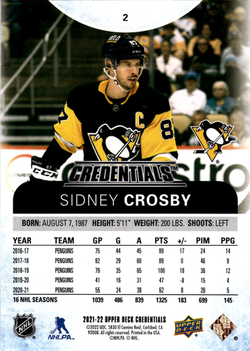 2021-22 Upper Deck Credentials - Sidney Crosby #2 - Picture 2 of 2