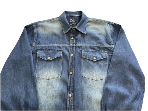 Point Zero Black Label Gold Mens Snap Button Up Fade Effect Denim Shirt Size L - Picture 14 of 24