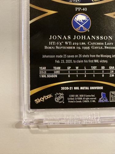 Jonas Johansson /G Sabres RC 20/21 Metal Universe Blue Sapphire Prospects #PP-40 - Picture 8 of 12