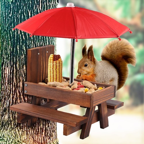Squirrel Feeder Picnic Table with Umbrella, Wooden Squirrel Feeders for Outsi... - Picture 6 of 7