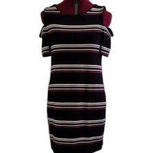 WHBM stretch knit bodycon dress size M striped round neckline open shoulder