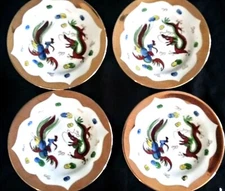 VINTAGE Y.S.H. ASIAN Rooster Dragon HEAVY GOLD Set of 4 Plates 7 3/8"