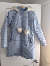 Hooch Pale Blue Mid-length Coat. Detachable Fur Hood And Pom-poms. Size 10