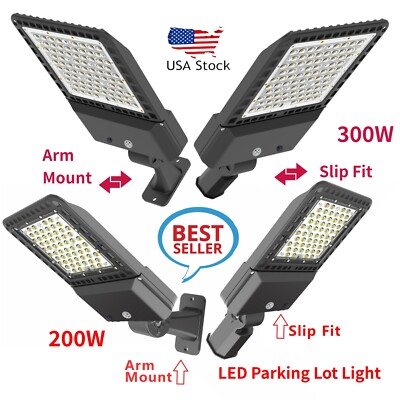 Outdoor 200/300W LED Parking Lot Light Commercial Shoebox Street Pole Lamp IP65 