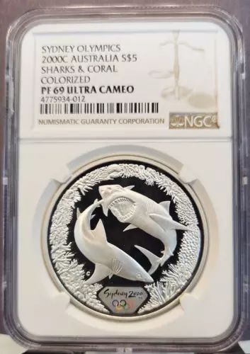 2000 AUSTRALIA SILVER 5 DOLLARS SHARKS & CORAL COLORIZED NGC PF 69 ULTRA CAMEO