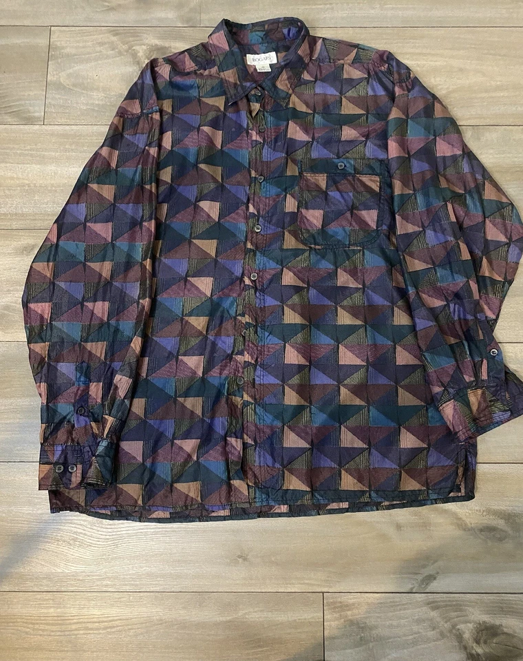 Camisa informal vintage Bogari Studio Top para hombre XL geométrica 100 % seda Foto 2 de 4