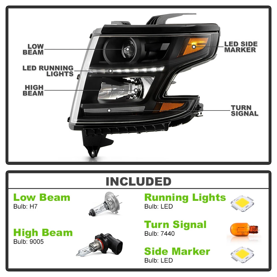 For 2015-2020 Chevy Suburban|Tahoe Halogen Black LED DRL Projector Headlights - Изображение 3 из 4