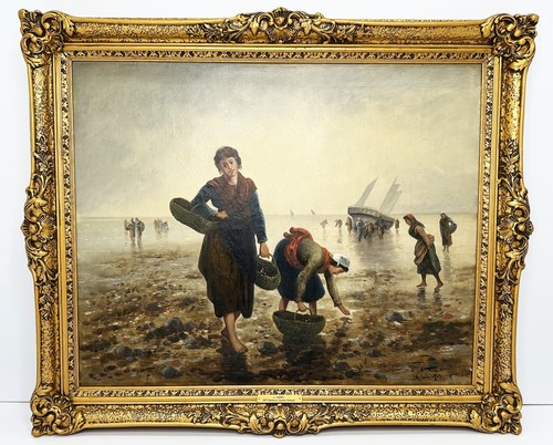 1800's Italian School Maritime Oil Painting Women on Tidal Flat 19th Century