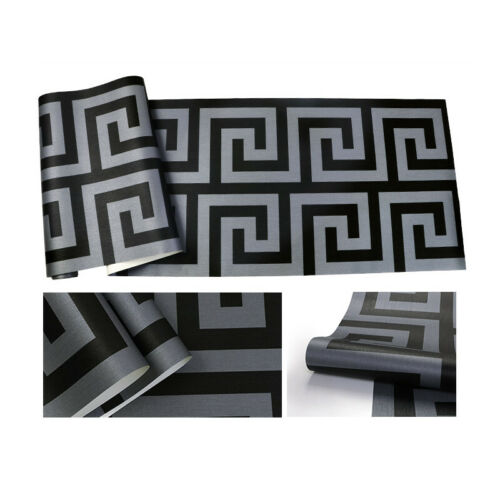 Black Geometric Wallpaper Large Greek Key Dark Grey Designer Wall Paper - Picture 2 of 6