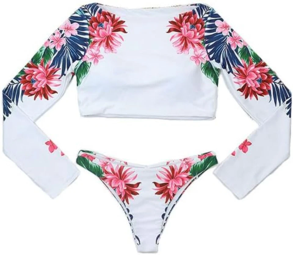 Traje de baño bikini de dos piezas de manga larga para mujer traje de baño floral protector contra erupciones Foto 3 de 4