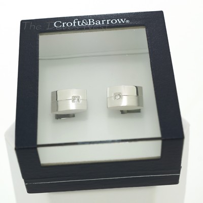 CROFT & BARROW Men's SHINY & BRUSHED SILVER Tone CUFFLINKS Faux CRYSTAL Gift Box