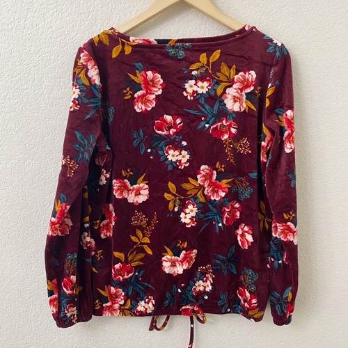 LOFT Velour Velvet Top Size Small Burgundy Floral Long Sleeves - Picture 4 of 4