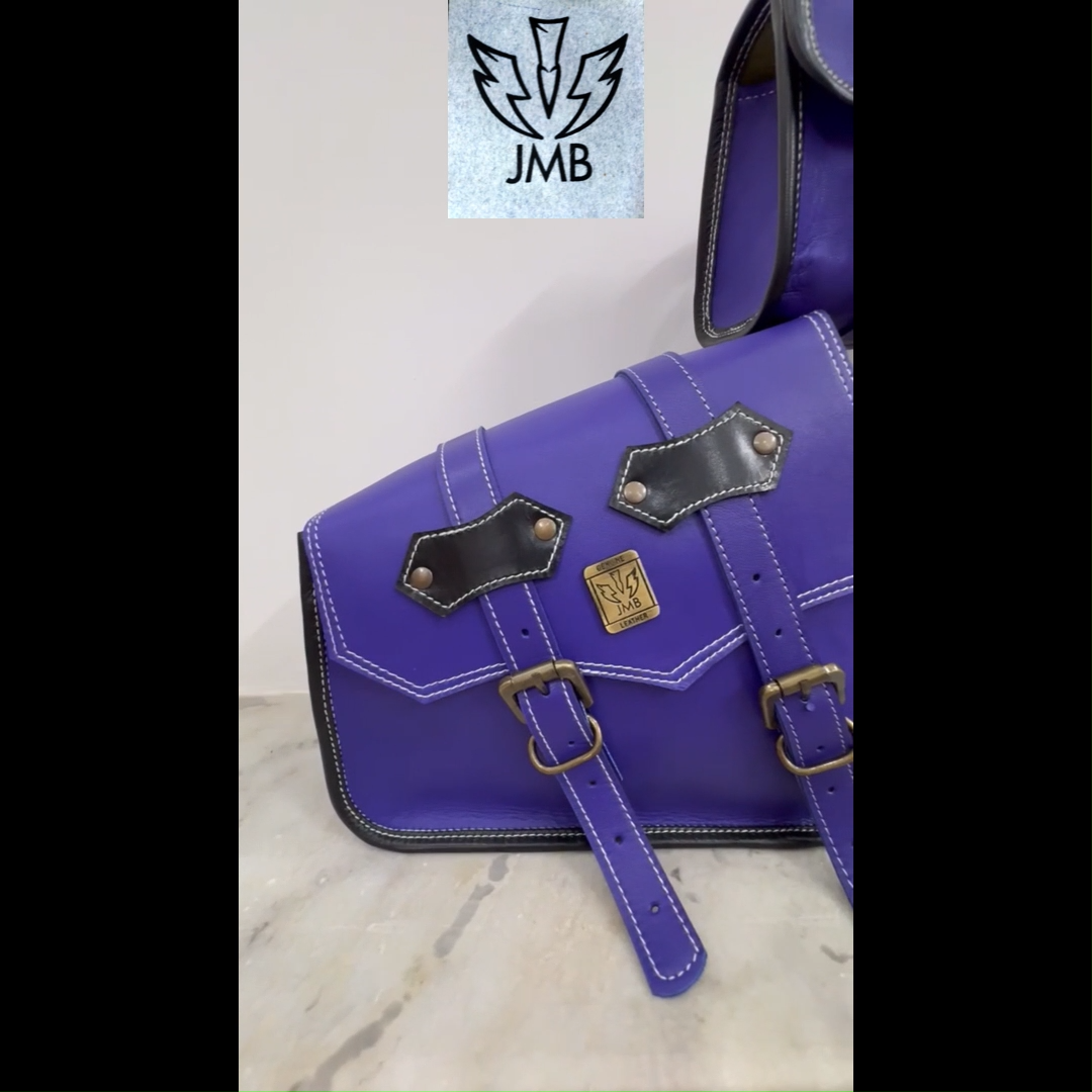 Motorcycle Vintage Goat Leather THREE Saddle Bag Swing Arm Front