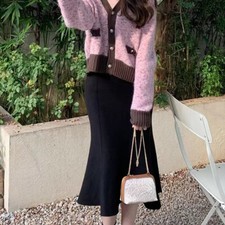 Women Knit Skirts Midi Ruffle Knitwear Fishtail A-line High Waist Big Swing Cute