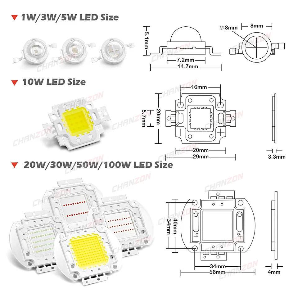 Chip LED de Alta Potencia 1W 3W 5W 10W 20W 30W 50W 100W Diodo Emisor de Luz Cuentas Smd - Imagen 3 de 4