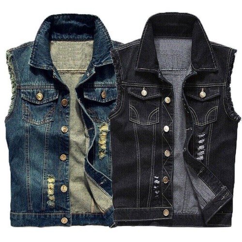 Mens Ripped Denim Vest Sleeveless Trucker Biker Jeans Jacket Waistcoat Gilet - Picture 3 of 18