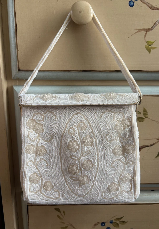 Vintage Midcentury Beaded White Cocktail Bridal  Purse Clutch - Image 2 of 4