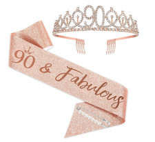 90th Birthday Sash and Tiara, Rose Gold Tiara, 90th Birthday Gifts for Women,...