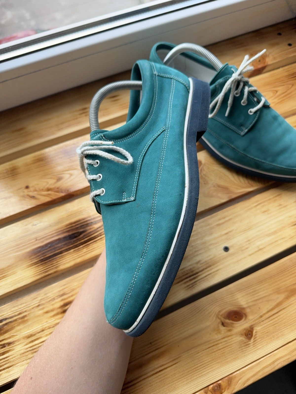Luxury Retro 00s Rare Bally Switzerland Teal Nubuck Derby Shoes US 10E EU44 UK9 image 8