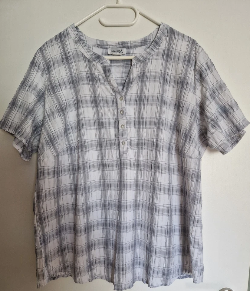 Damen Bluse Gr. 52 Seersucker Witt Weiden Kariert Shirt Sommer Tunika Weiß Blau - Bild 1 von 1
