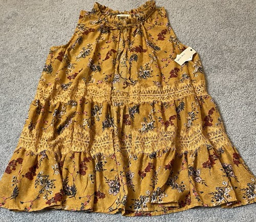 Women’s Tiered Tunic Floral Vest Top XL Gold Sheer Lace Tie Front Peasant Boho - Picture 6 of 13