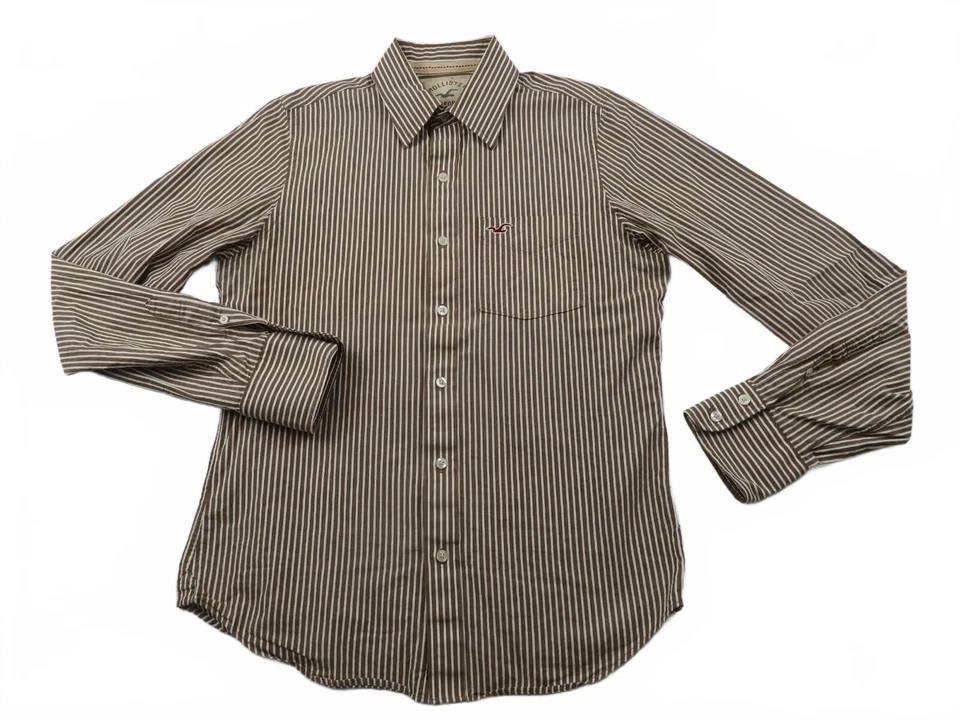 Camisa de vestir Hollister para hombre con botones marrón blanco a rayas mediana Foto 2 de 4