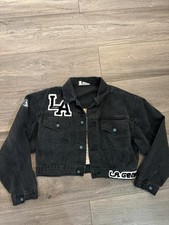 Vintage 80s LA Gear Black Denim Jean Jacket with Patches and Buttons