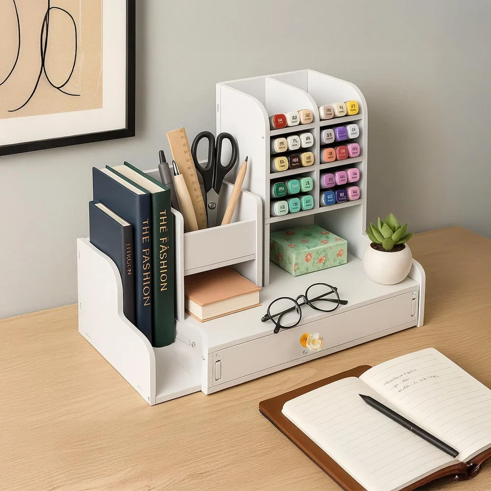 White Desk Organiser with Drawer Desktop Multifunctional Holder Tidy Caddy UK - Image 2 of 4