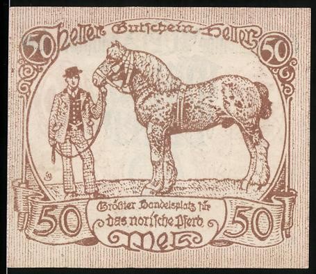 Notgeld Wels, 1920, 50 Heller, Großer Handelsplatz für das Norische Pferd, Mann