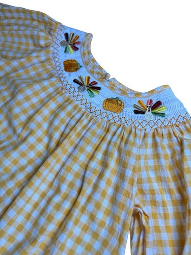 Toddler Girl Smocked Thanksgiving Turkey Pumpkin Yellow Checked Dress Size 4T - Picture 6 of 13