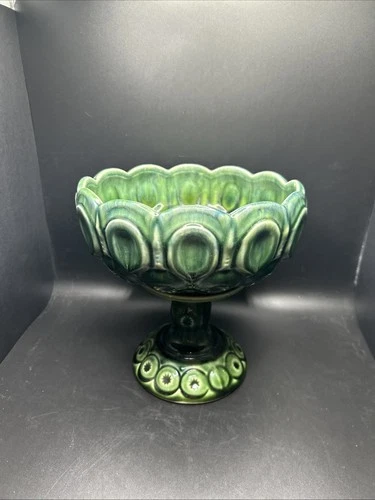 Rare VTG McCoy Moon and Stars Compote Green Drip Glaze Pottery MCM Pedestal 7"