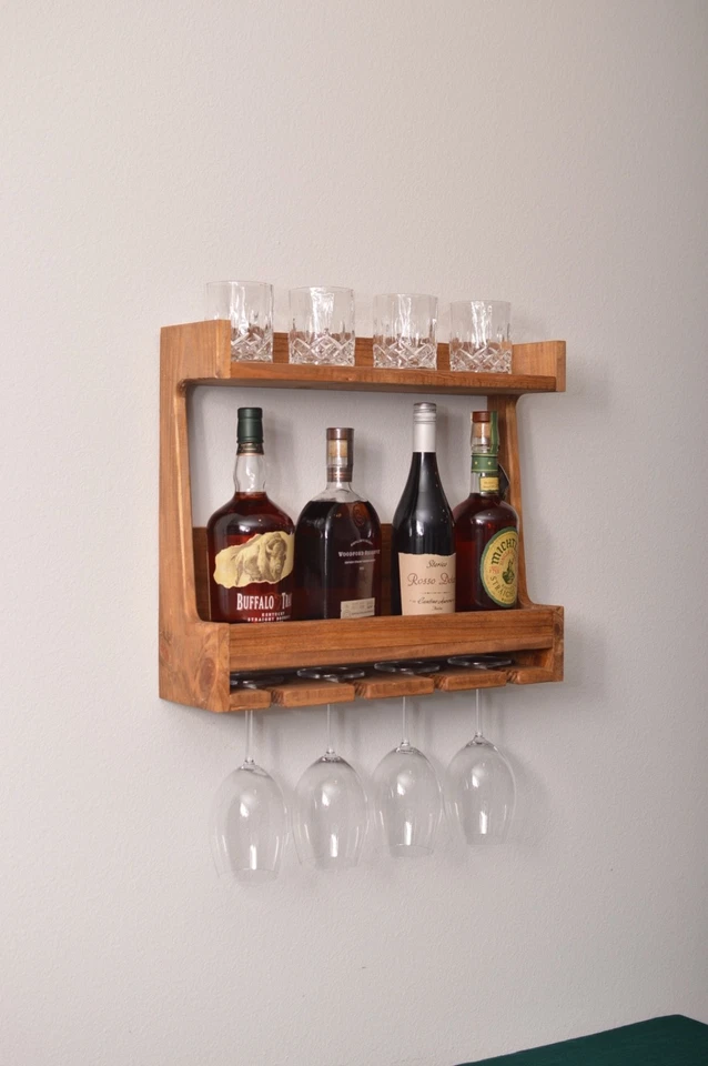 Estante de licor artesanal montado en la pared con soporte de vidrio Foto 3 de 4