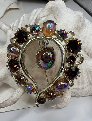 Vintage Signed Lisner Brooch Mixed Amber Rhinestone Pin Costume Jewelry 🤎